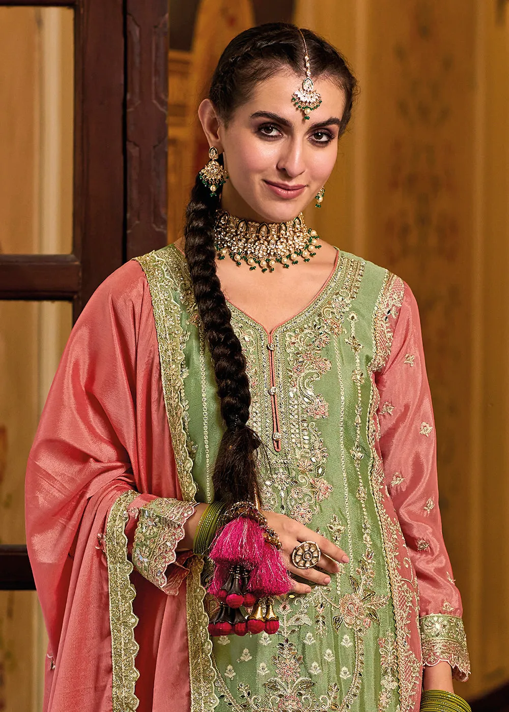 Palazzo Style Chinnon Green Embroidered Festive Suit