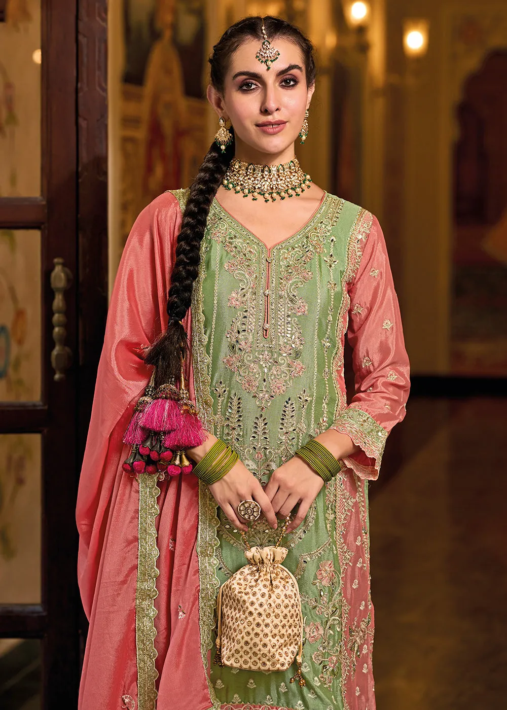 Palazzo Style Chinnon Green Embroidered Festive Suit