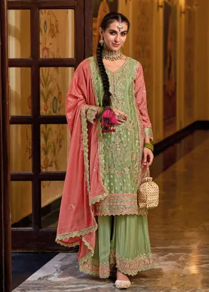 Palazzo Style Chinnon Green Embroidered Festive Suit