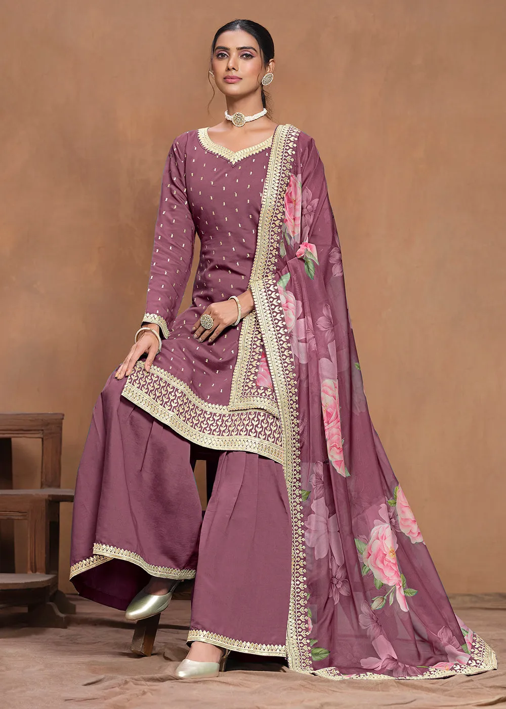 Roman Silk Purple Embroidered Festive Gharara Suit