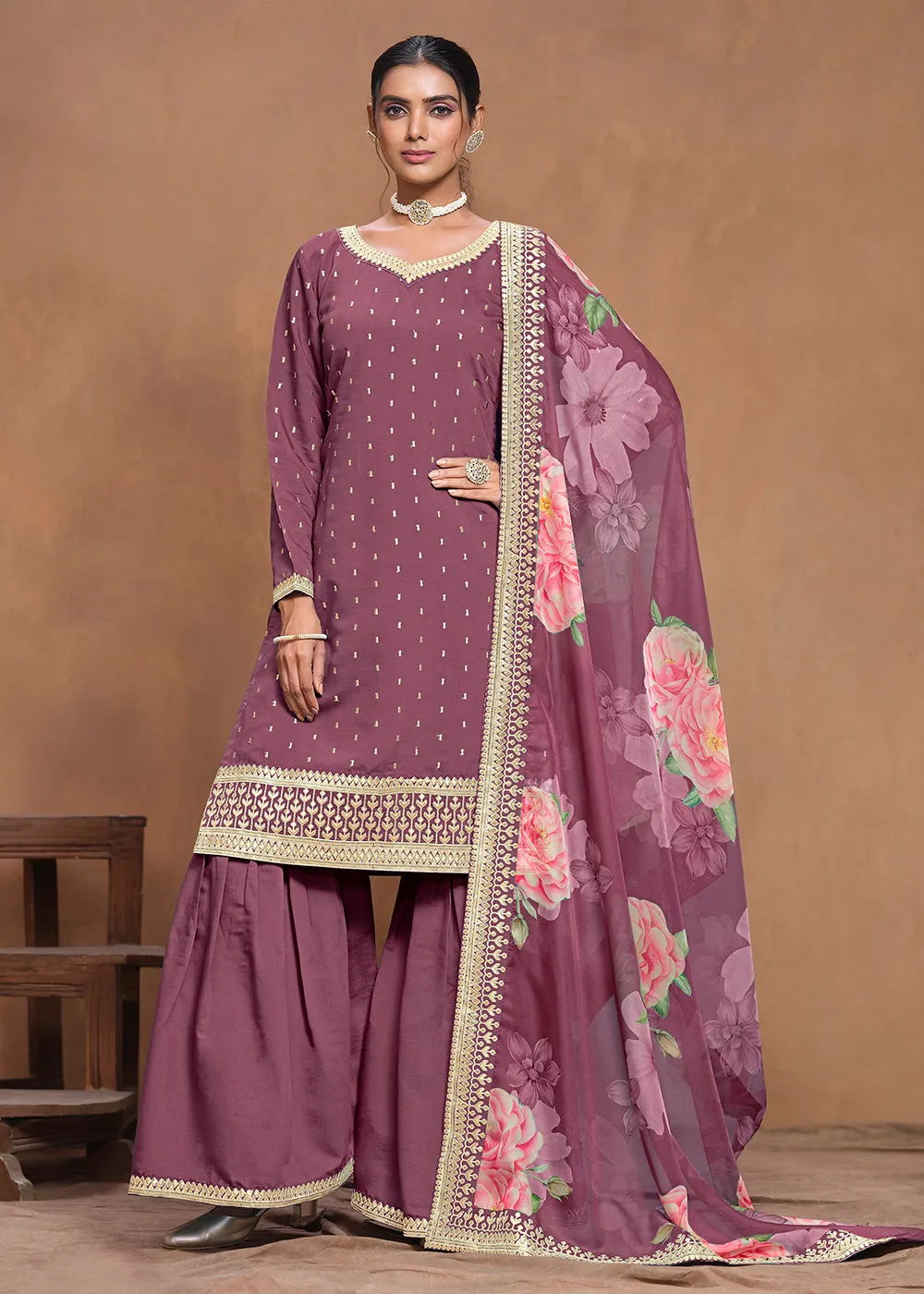 Roman Silk Purple Embroidered Festive Gharara Suit