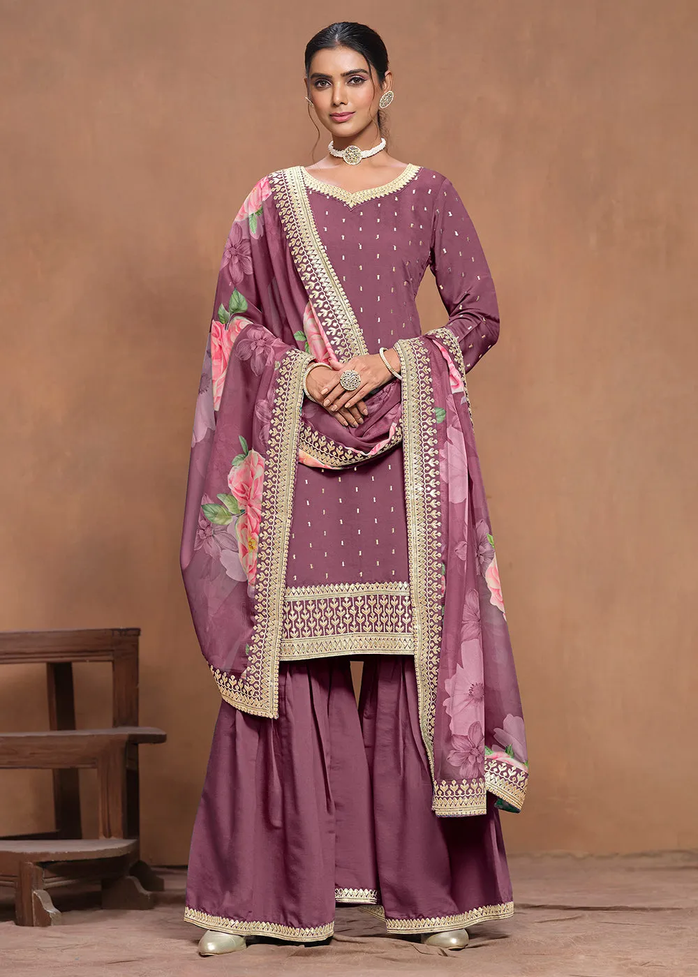 Roman Silk Purple Embroidered Festive Gharara Suit