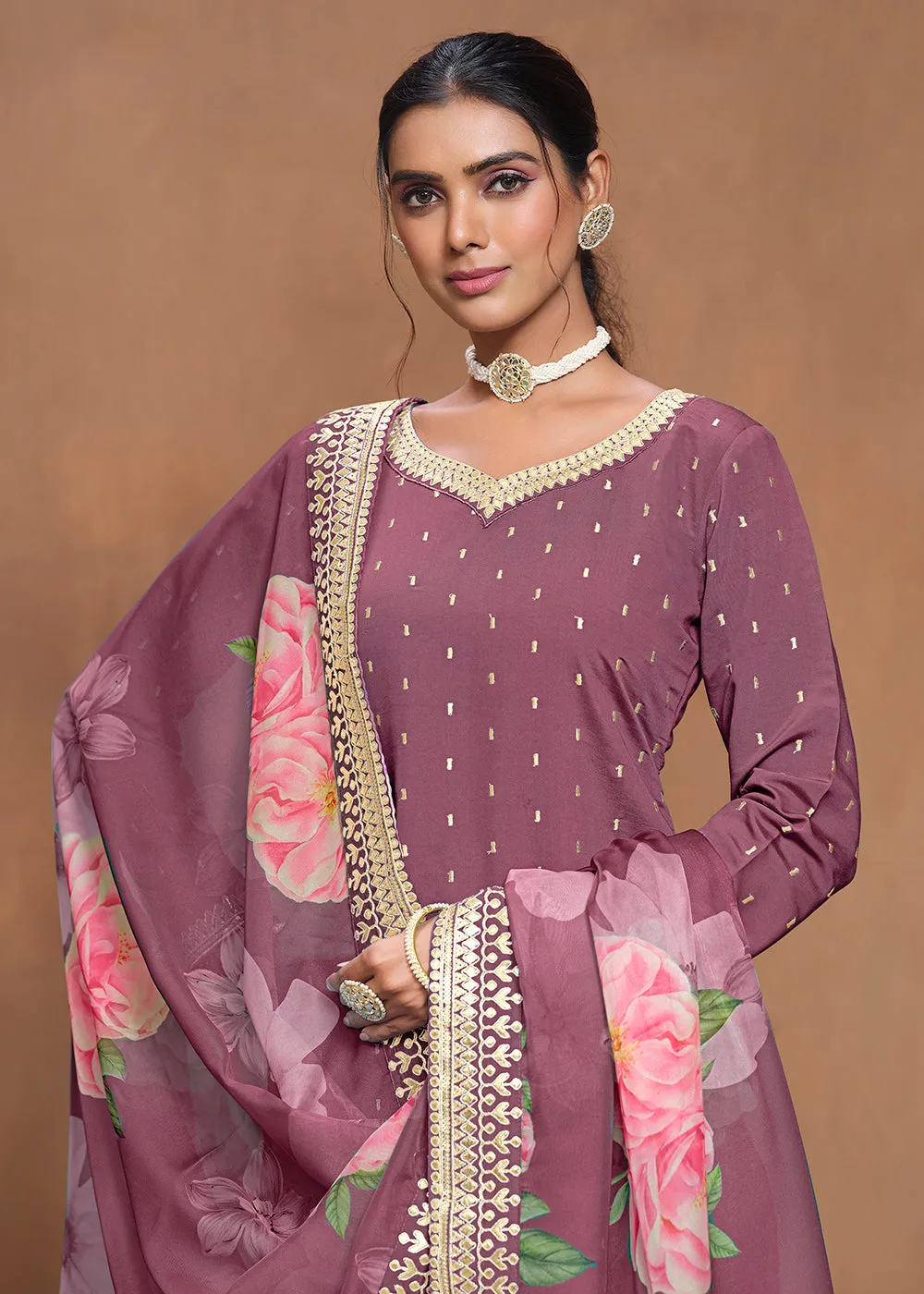 Roman Silk Purple Embroidered Festive Gharara Suit