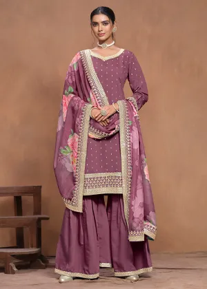 Roman Silk Purple Embroidered Festive Gharara Suit