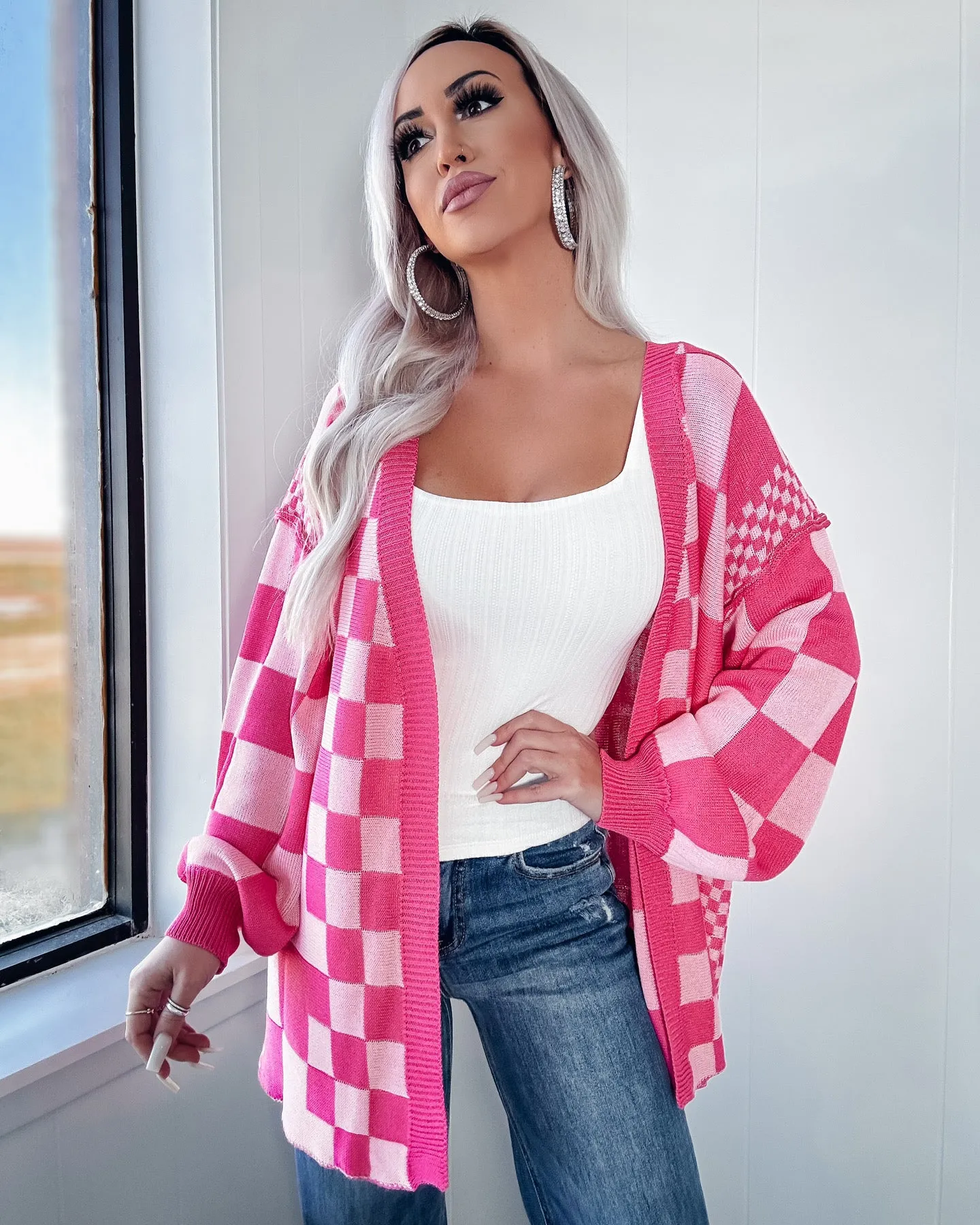 Stevie Checkered Cardigan - Hot Pink