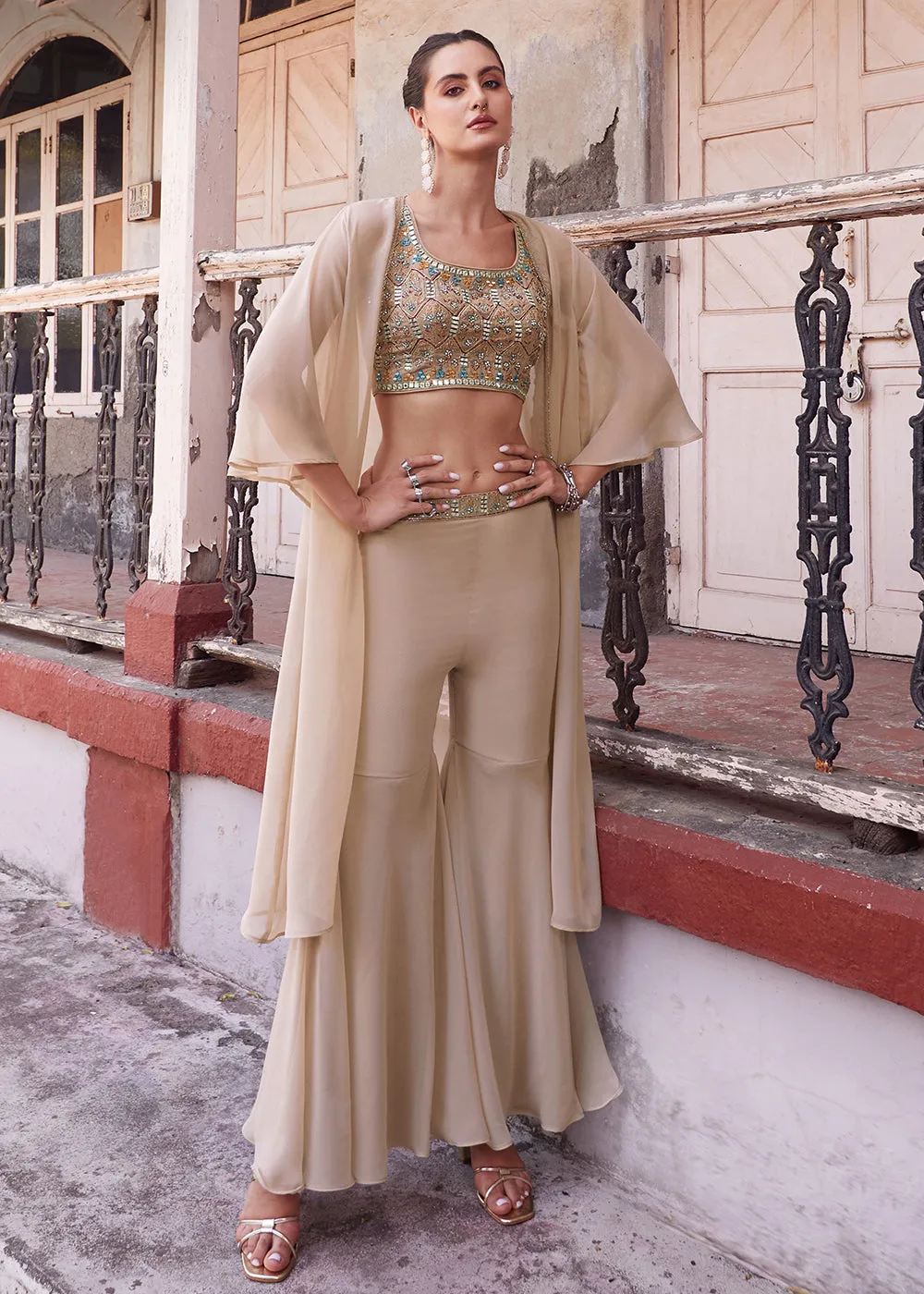 Stunning Beige Designer Crop Top Style Sharara Suit