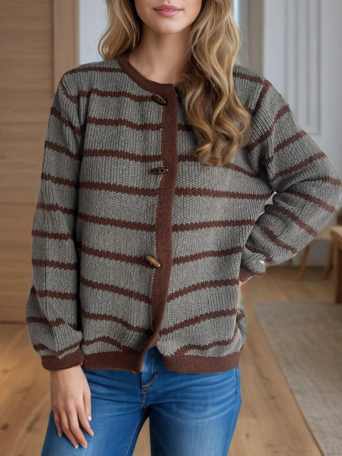 TEEK - Striped Round Neck Long Sleeve Cardigan