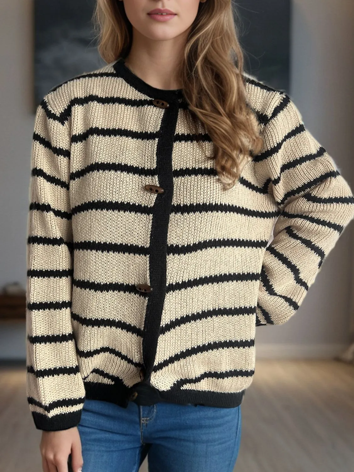 TEEK - Striped Round Neck Long Sleeve Cardigan