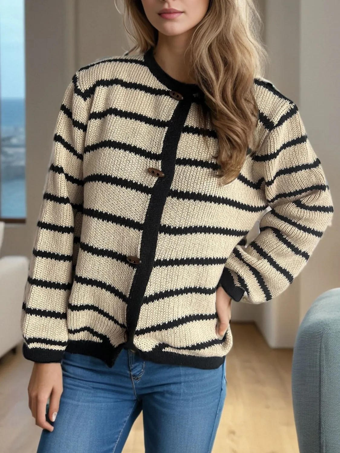 TEEK - Striped Round Neck Long Sleeve Cardigan