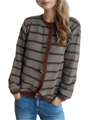 TEEK - Striped Round Neck Long Sleeve Cardigan