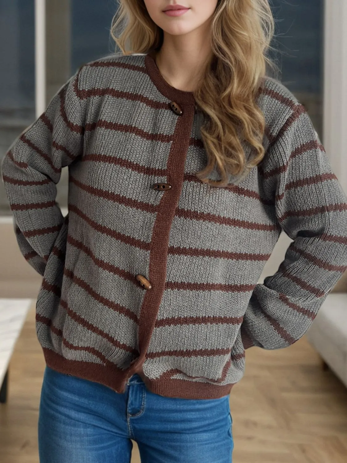 TEEK - Striped Round Neck Long Sleeve Cardigan