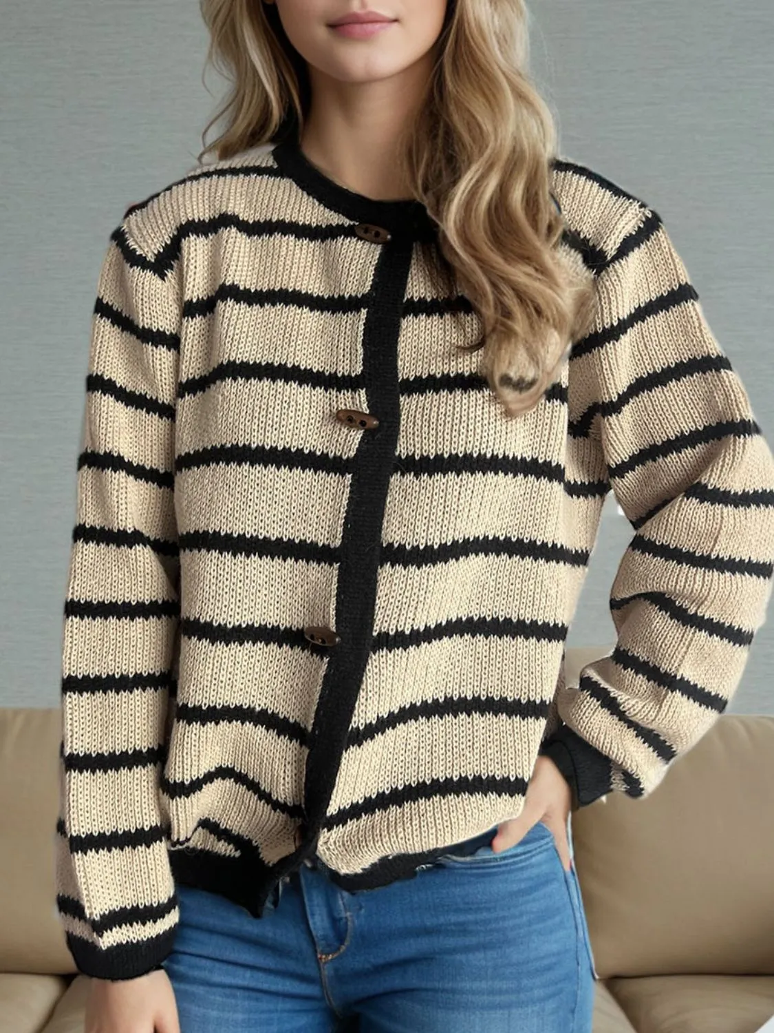 TEEK - Striped Round Neck Long Sleeve Cardigan