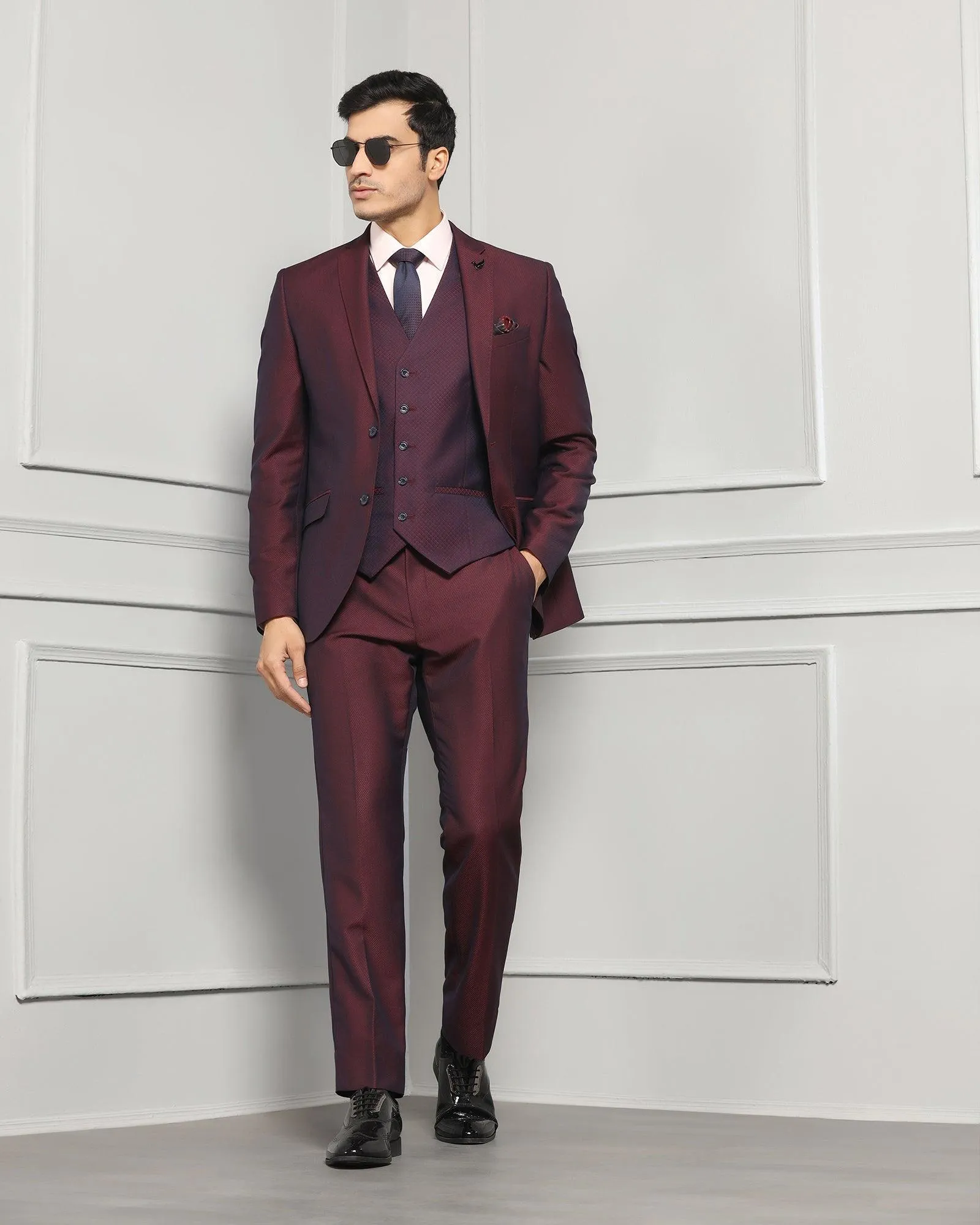 Three Piece Wine Textured Formal Suit - Mercer