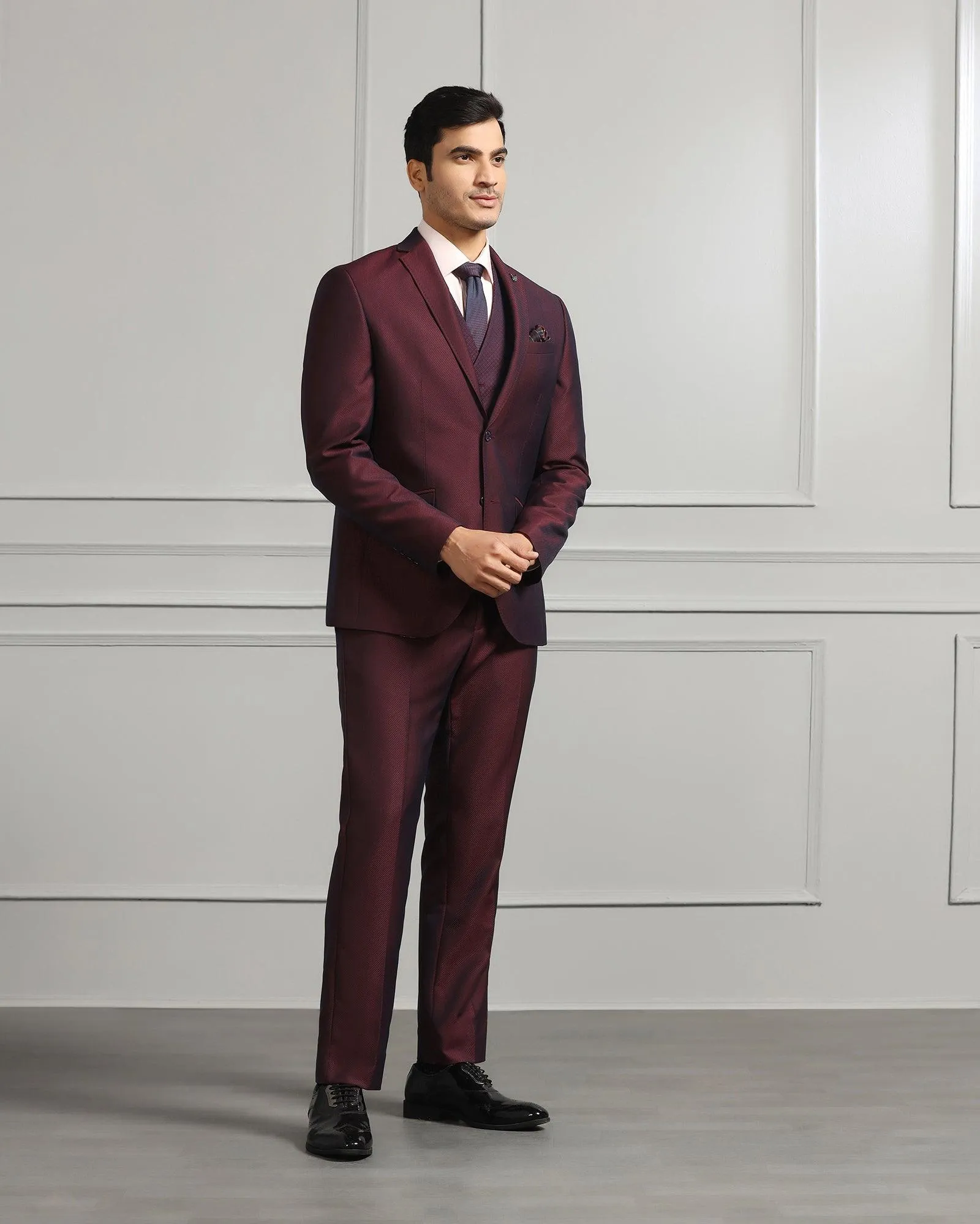 Three Piece Wine Textured Formal Suit - Mercer