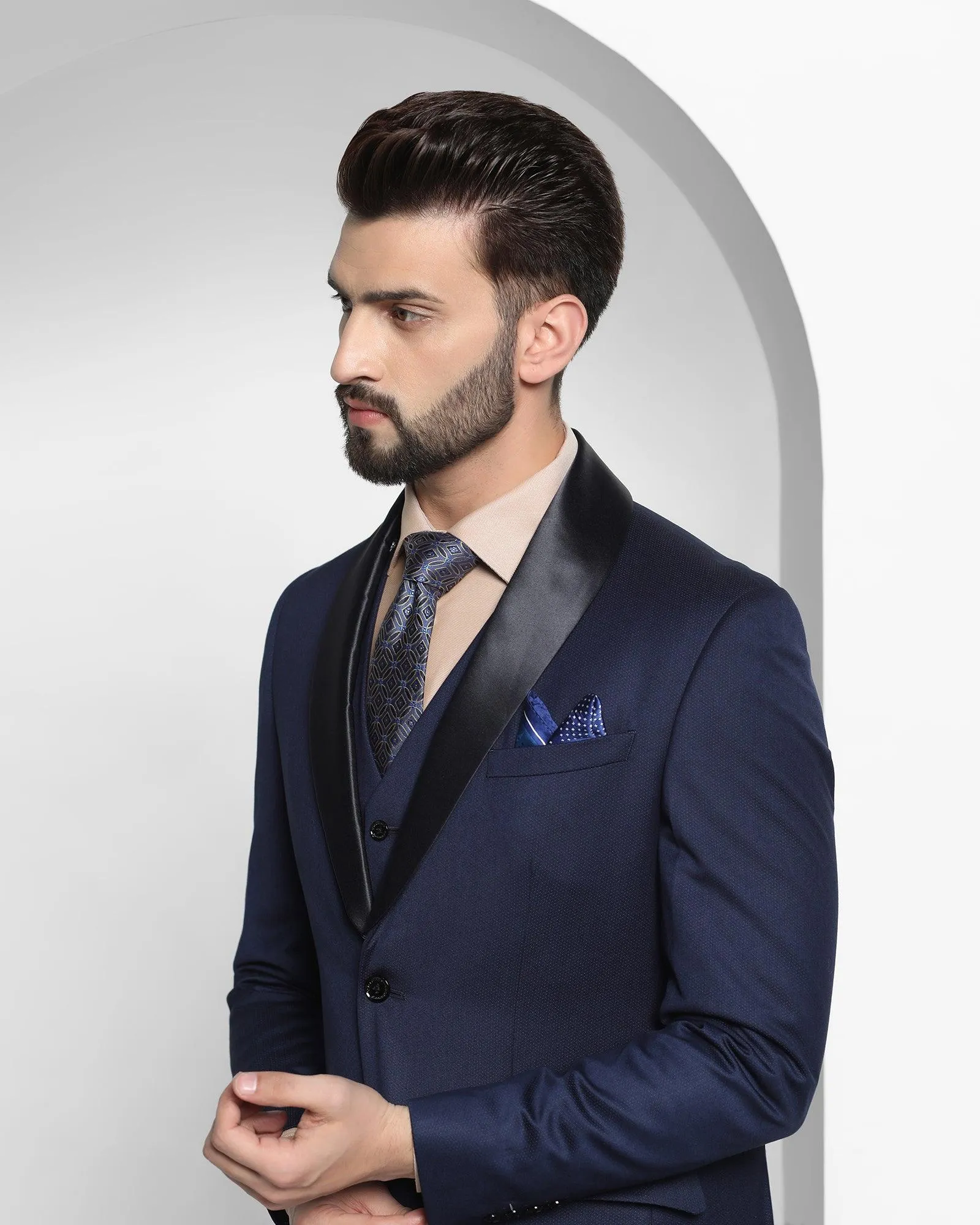 Tuxedo Three Piece Navy Textured Formal Suit - Gorkus