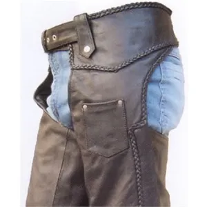 Unisex Black Buffalo Leather Motorcycle Chaps with Braided Trim