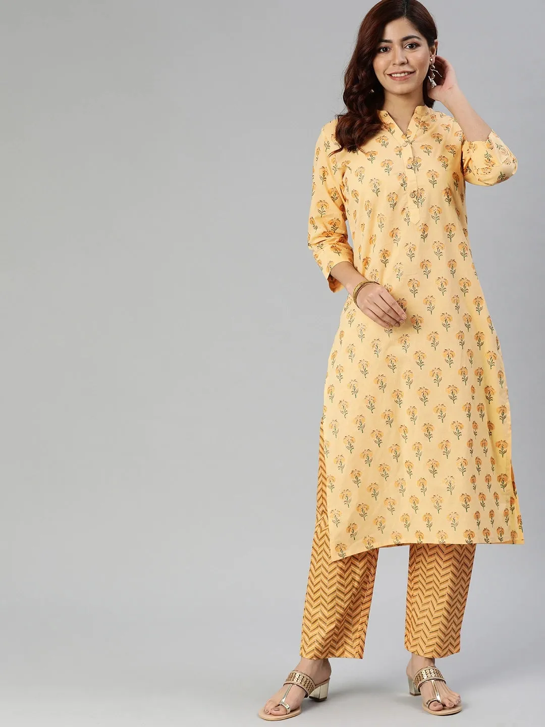 Women'S Yellow Flower Print Cotton Kurta Set Plus Size