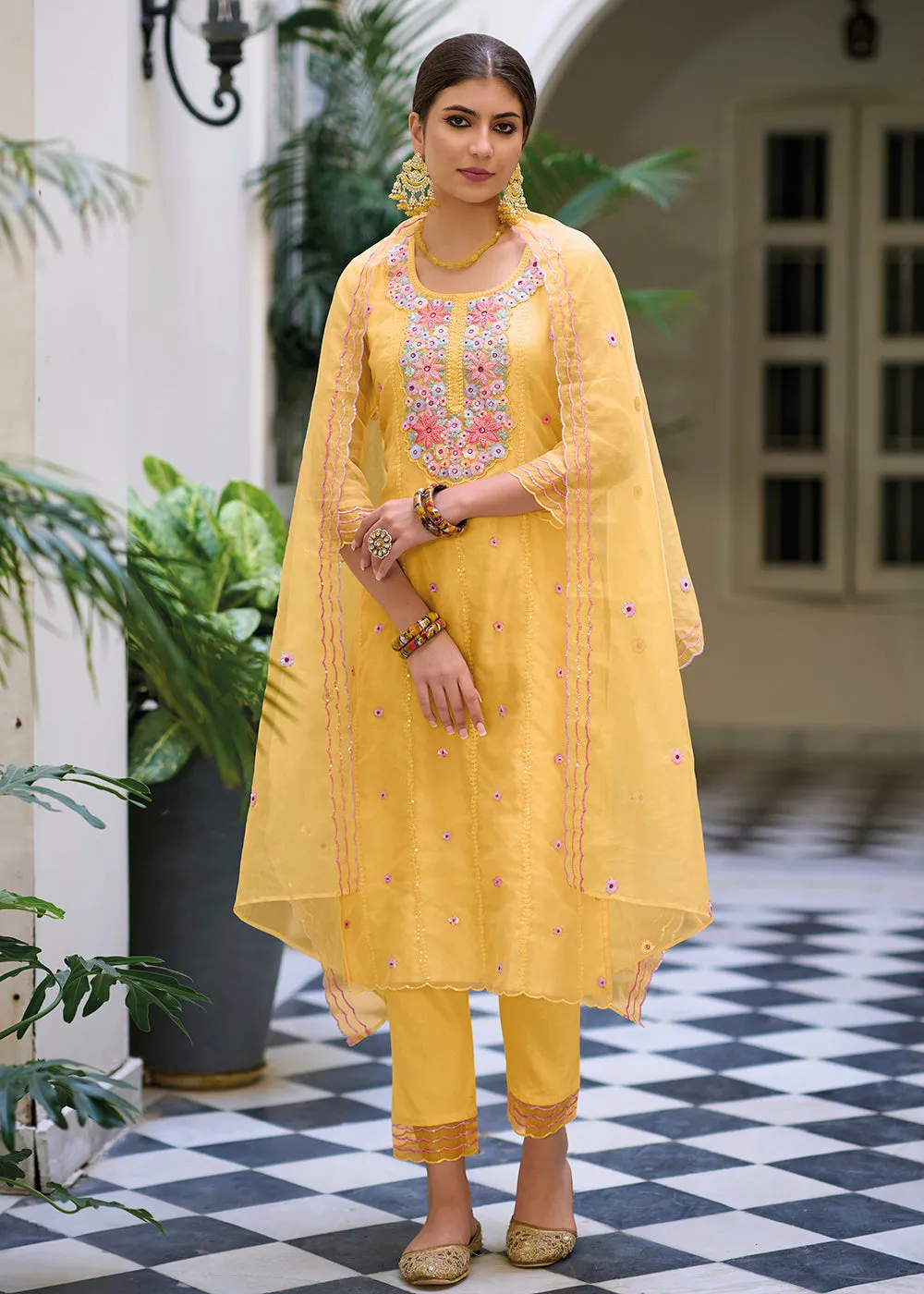 Yellow Color Embroidered Organza Pant Style Salwar Suit