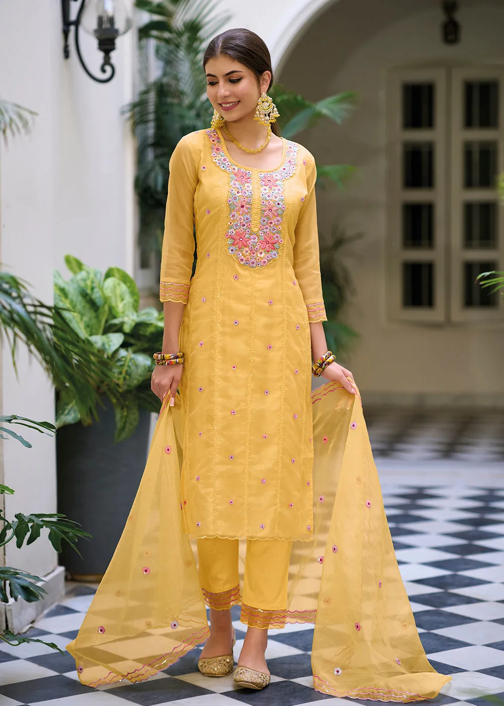 Yellow Color Embroidered Organza Pant Style Salwar Suit