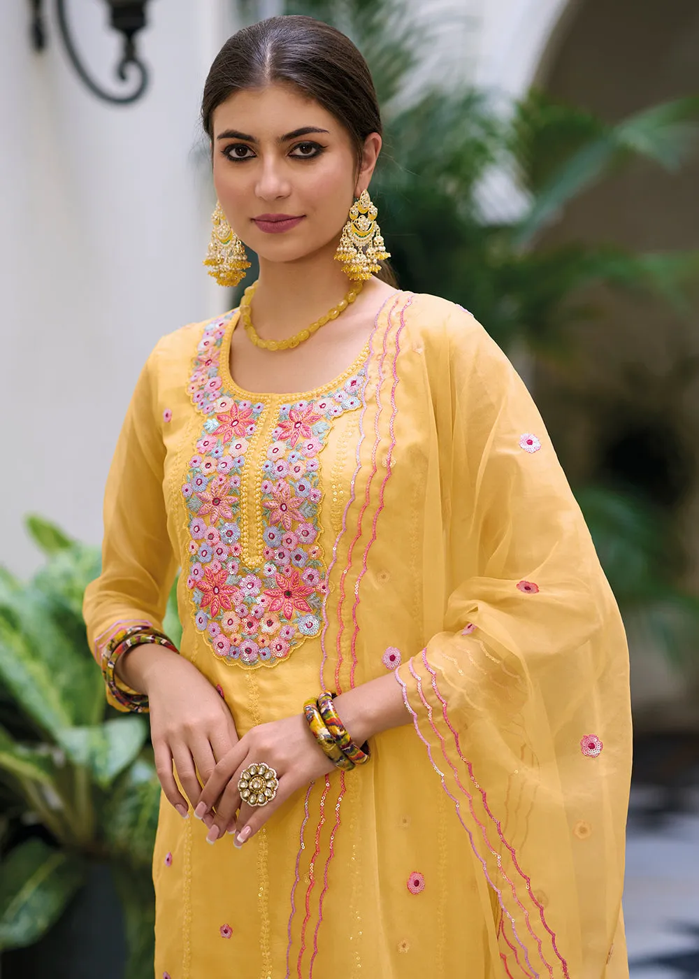 Yellow Color Embroidered Organza Pant Style Salwar Suit